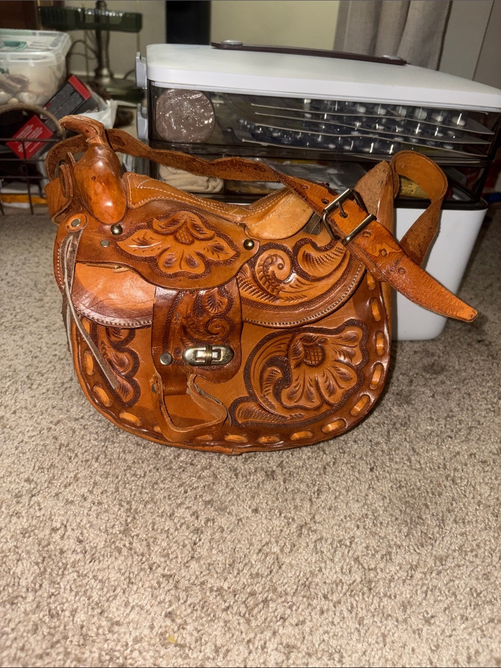 Hand-Tooled Leather Saddle Crossbody Bag - Tan